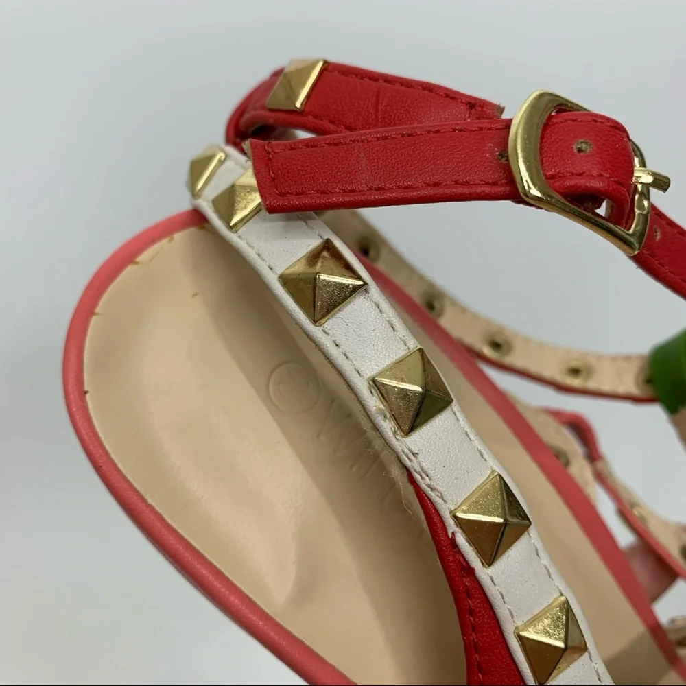 Wild Diva Lounge Red Pink Green White Colorblock Gold Studded T-Strap High Heels